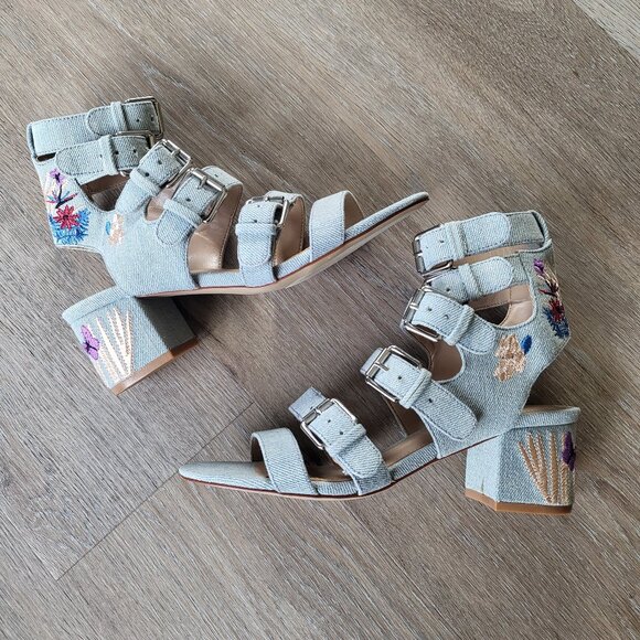 GUNMETAL Brand Light Blue Embroidered Denin Gladiator Sandals 7M - Picture 1 of 15